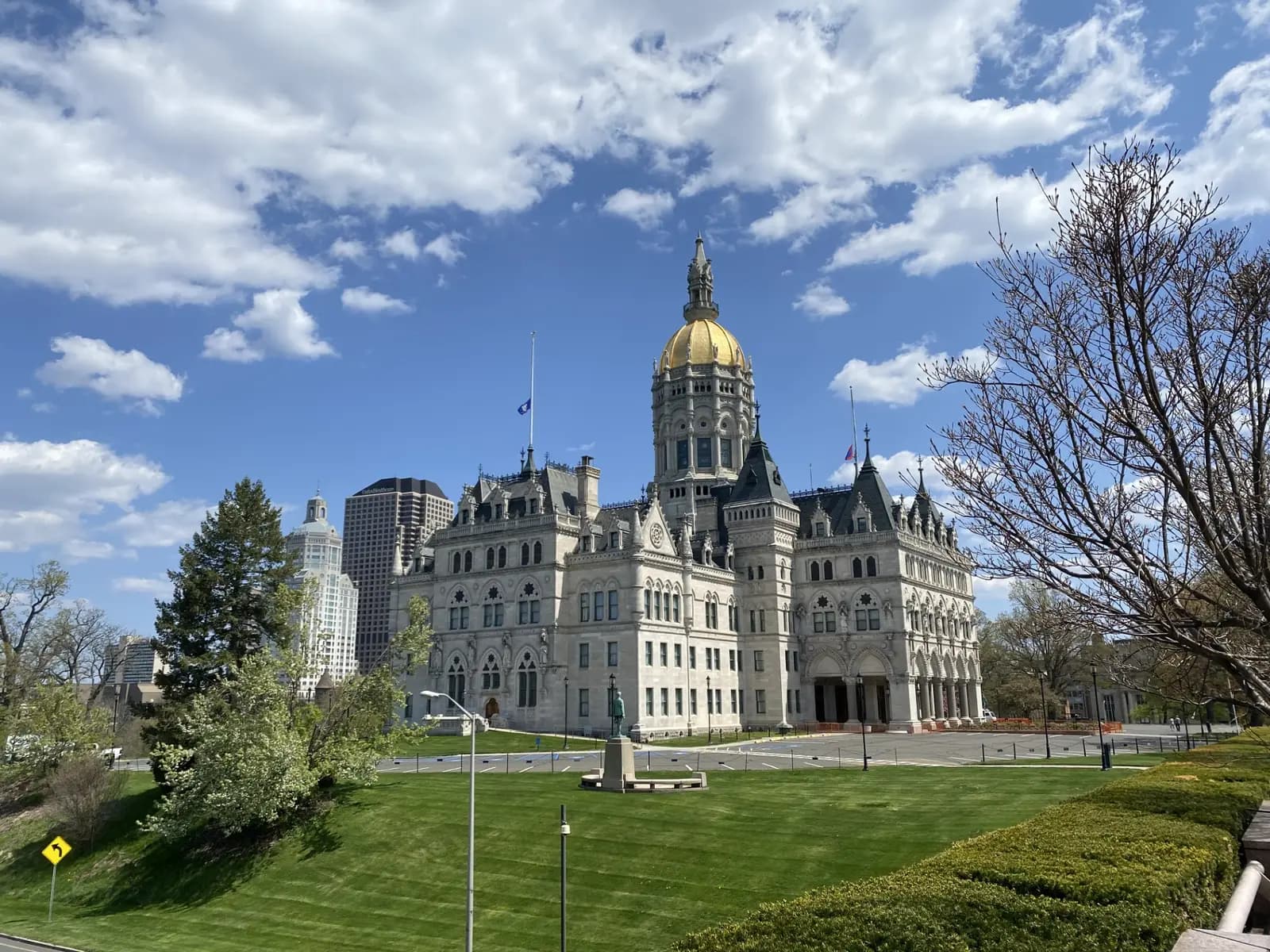 The Connecticut State Capitol and its gold dome in Hartford on a clear spring day