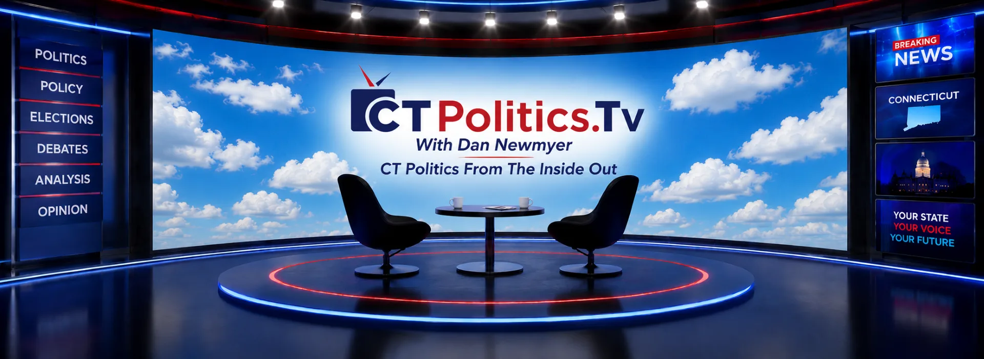 CT Politics TV studio set with Dan Newmyer